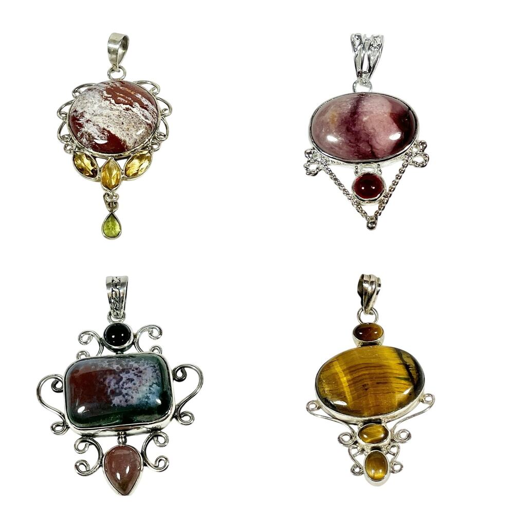 Handmade .925 Sterling Silver Stones Gemstones Pendants Lot 4 Jasper Tiger's Eye